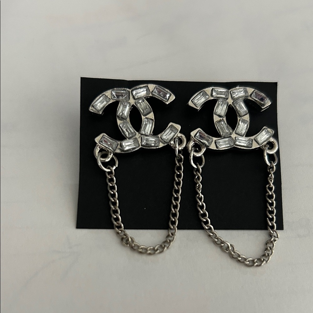 Silver Interlocking Logo Drop Chain Earrings - De… - image 1